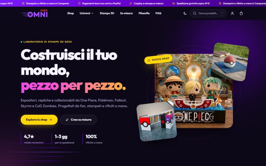 Omni Geek, home page del sito e-commerce di stampe 3D geek